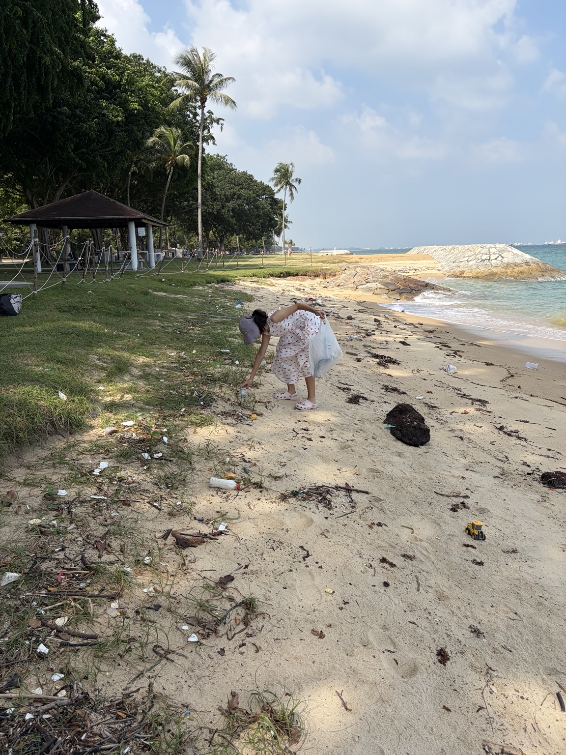 Student collecting litter from a beach